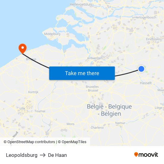 Leopoldsburg to De Haan map