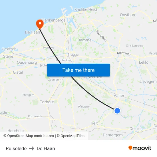 Ruiselede to De Haan map