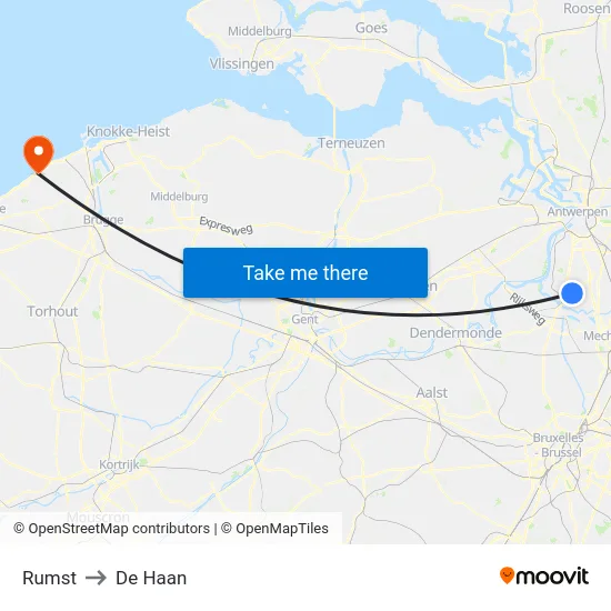 Rumst to De Haan map