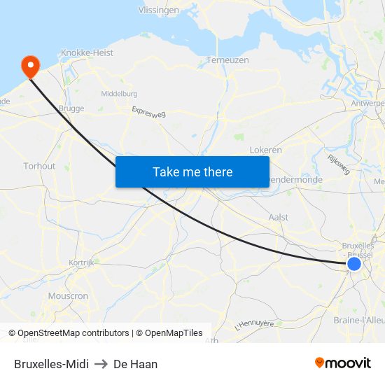 Bruxelles-Midi to De Haan map