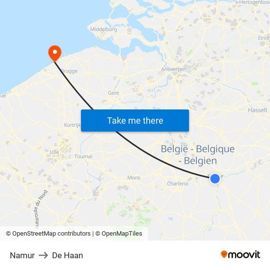 Namur to De Haan map