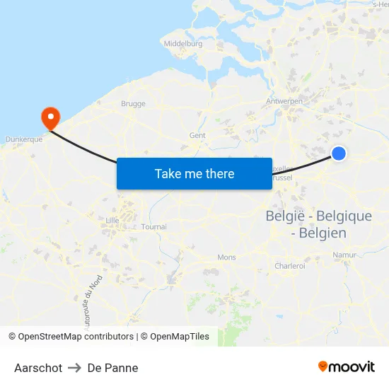 Aarschot to De Panne map