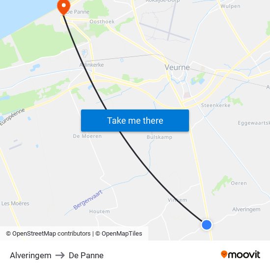Alveringem to De Panne map