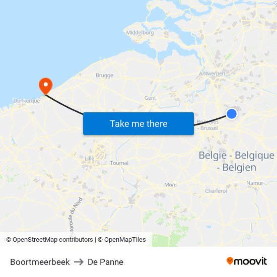 Boortmeerbeek to De Panne map