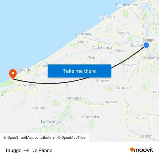 Brugge to De Panne map