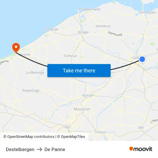 Destelbergen to De Panne map