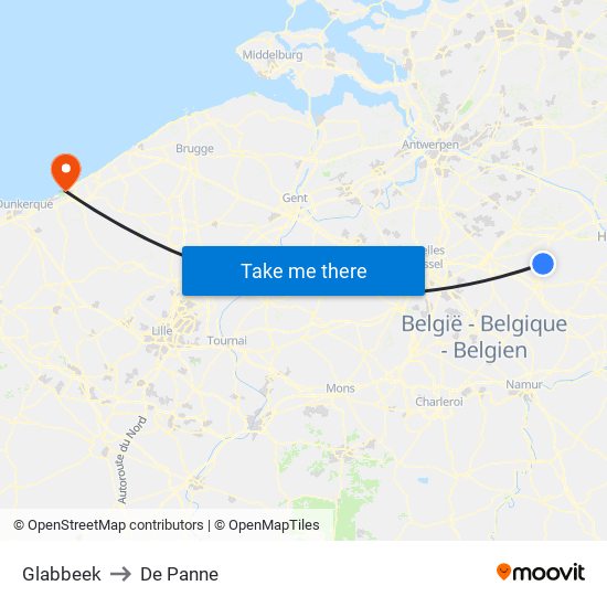 Glabbeek to De Panne map