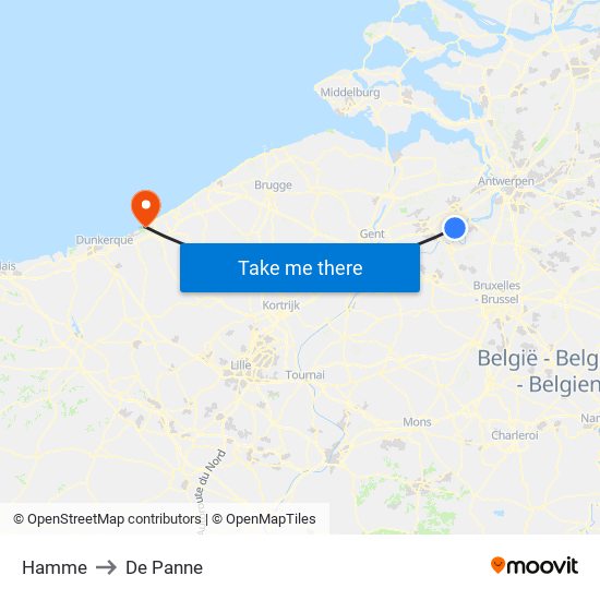 Hamme to De Panne map