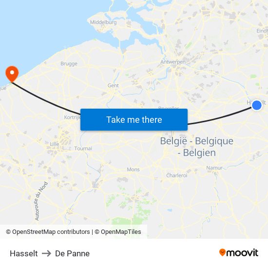 Hasselt to De Panne map