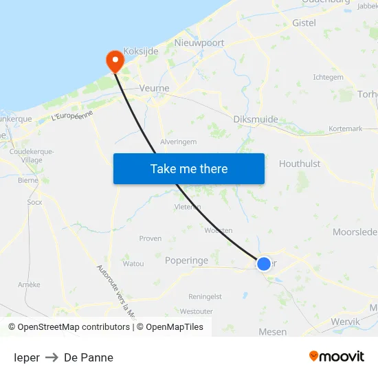 Ieper to De Panne map