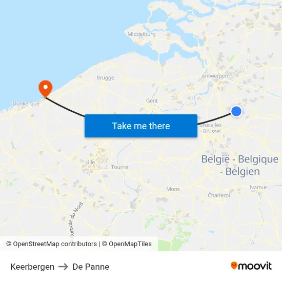 Keerbergen to De Panne map