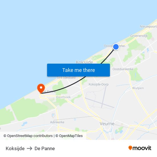 Koksijde to De Panne map