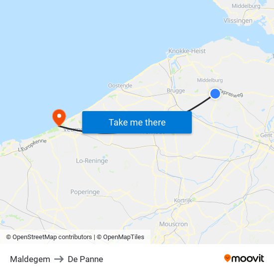 Maldegem to De Panne map