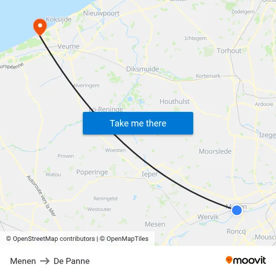 Menen to De Panne map