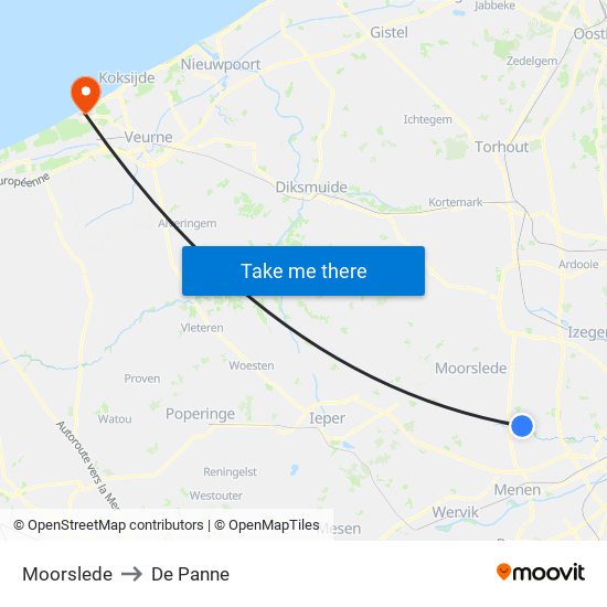 Moorslede to De Panne map