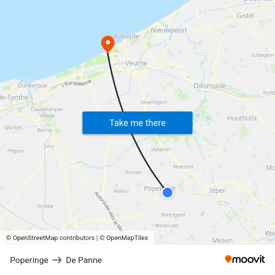 Poperinge to De Panne map