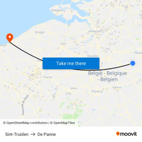 Sint-Truiden to De Panne map