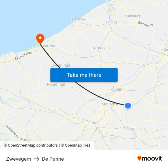 Zwevegem to De Panne map