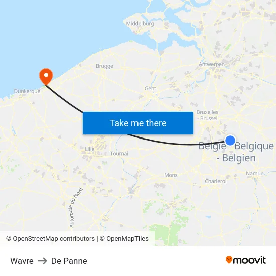 Wavre to De Panne map