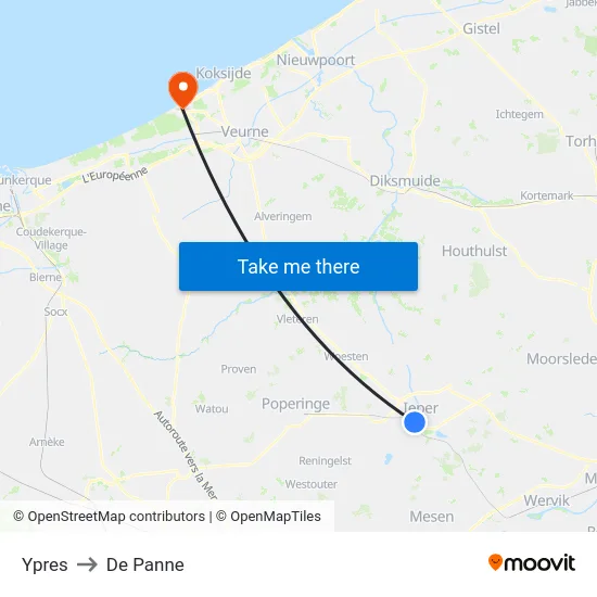 Ypres to De Panne map