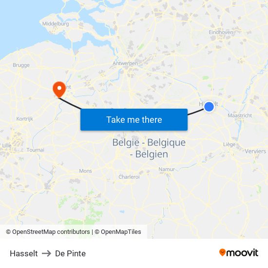 Hasselt to De Pinte map