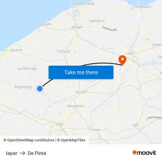 Ieper to De Pinte map