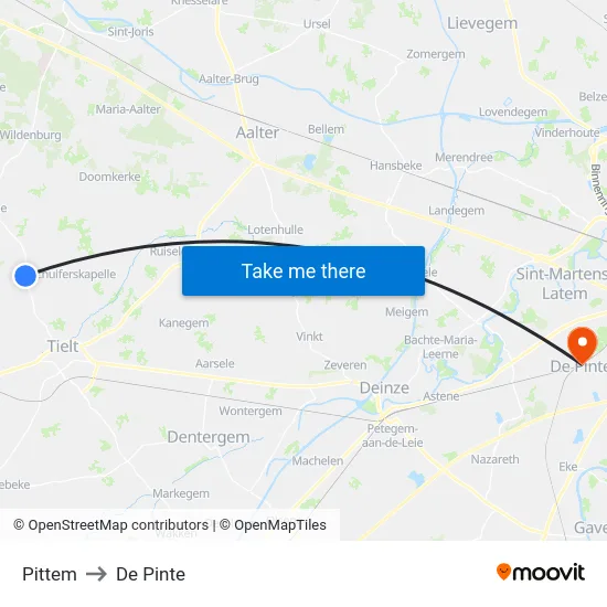 Pittem to De Pinte map