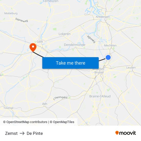 Zemst to De Pinte map