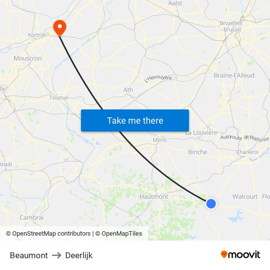 Beaumont to Deerlijk map