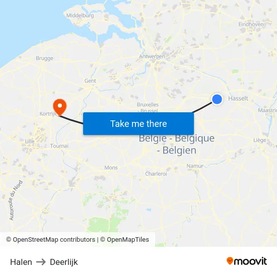 Halen to Deerlijk map