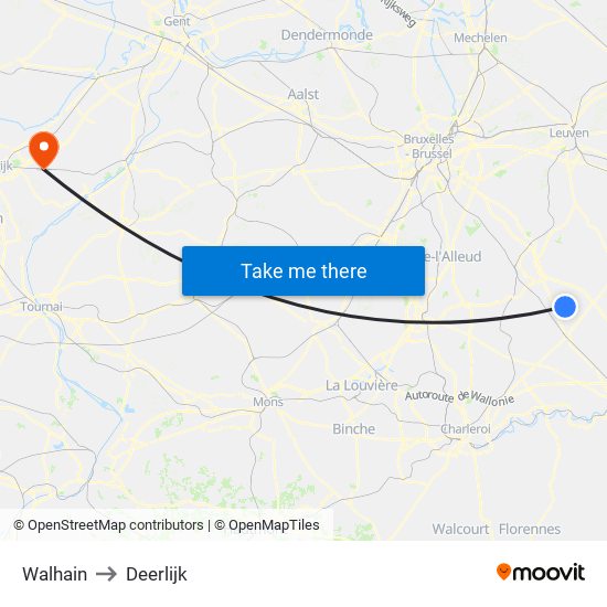Walhain to Deerlijk map