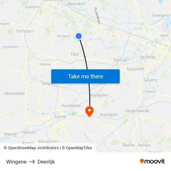 Wingene to Deerlijk map