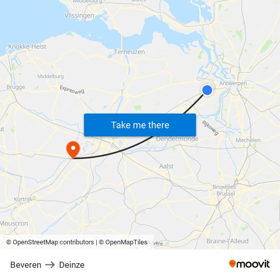 Beveren to Deinze map