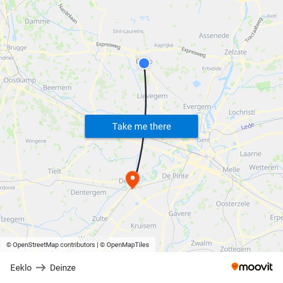 Eeklo to Deinze map