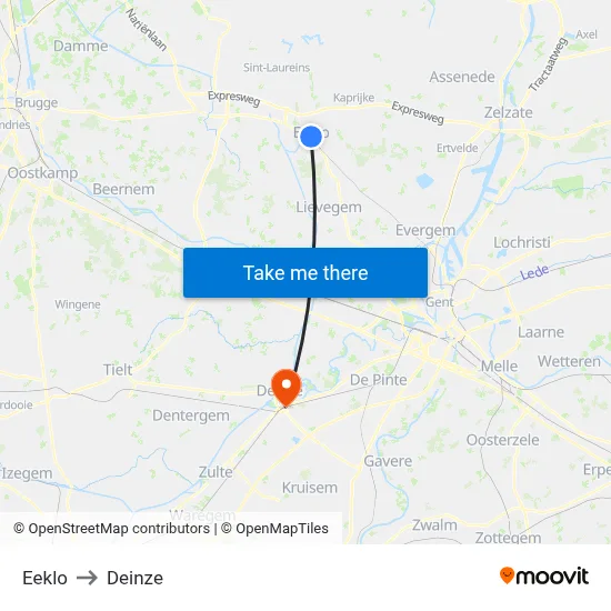 Eeklo to Deinze map