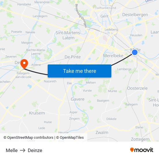 Melle to Deinze map