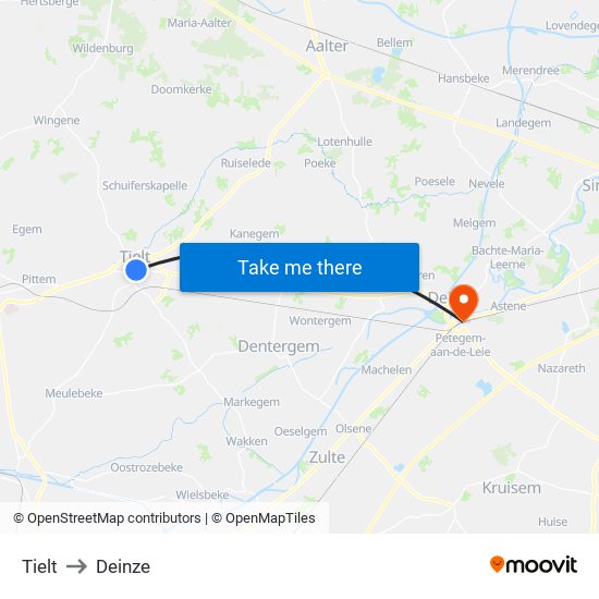 Tielt to Deinze map