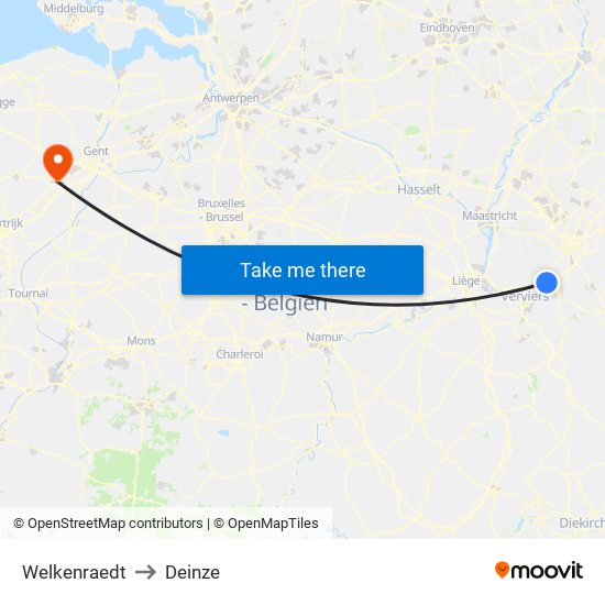 Welkenraedt to Deinze map