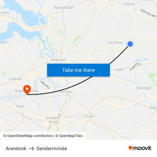 Arendonk to Dendermonde map