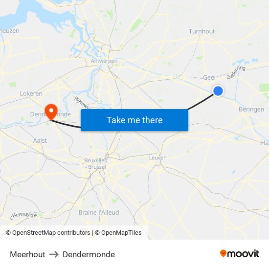 Meerhout to Dendermonde map