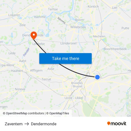 Zaventem to Dendermonde map