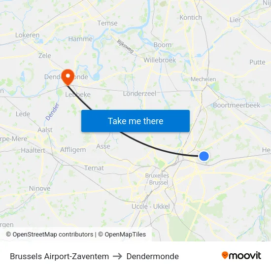Brussels Airport-Zaventem to Dendermonde map