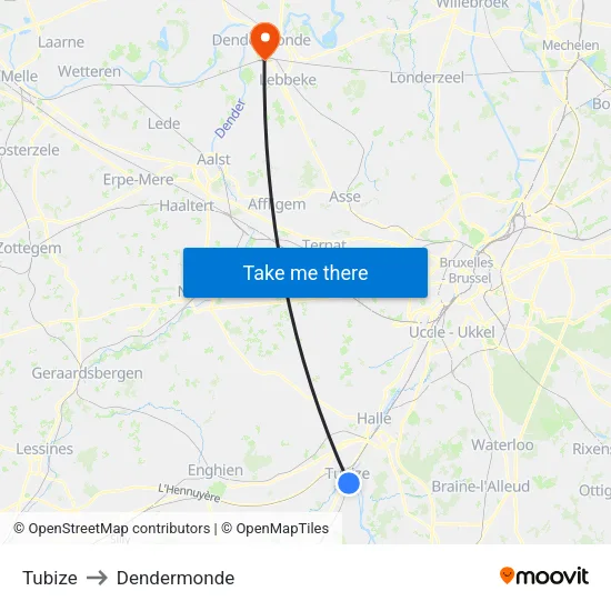 Tubize to Dendermonde map