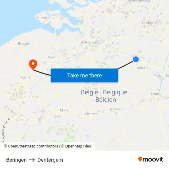 Beringen to Dentergem map