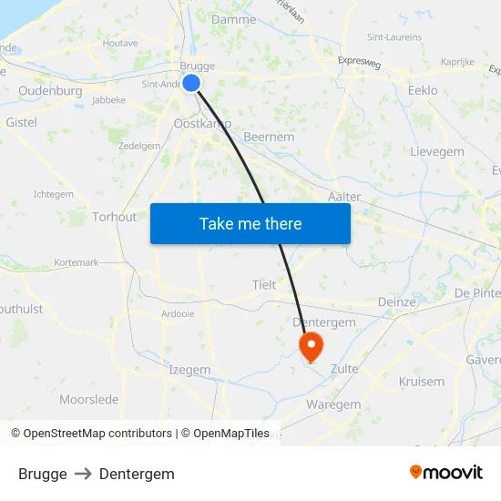 Brugge to Dentergem map