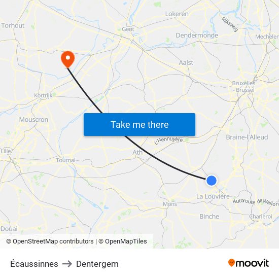 Écaussinnes to Dentergem map