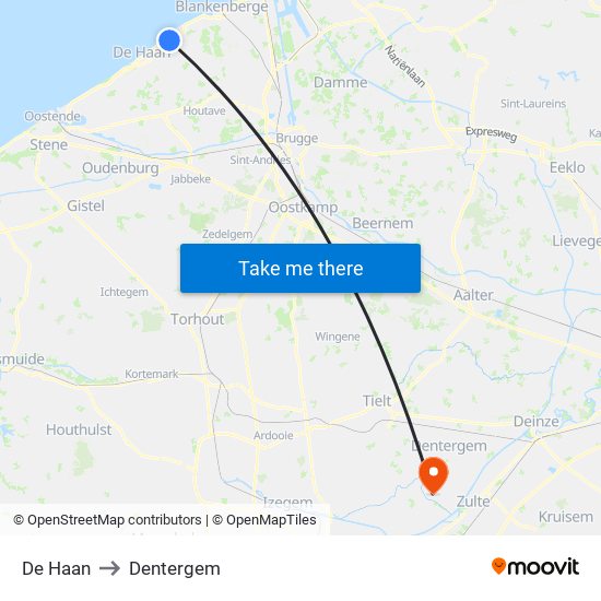 De Haan to Dentergem map