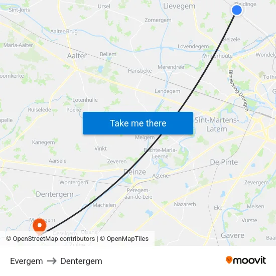 Evergem to Dentergem map