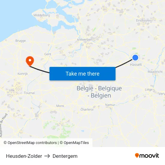 Heusden-Zolder to Dentergem map
