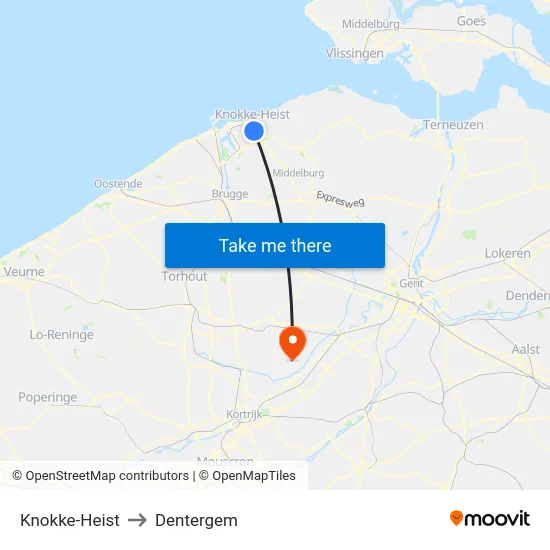 Knokke-Heist to Dentergem map